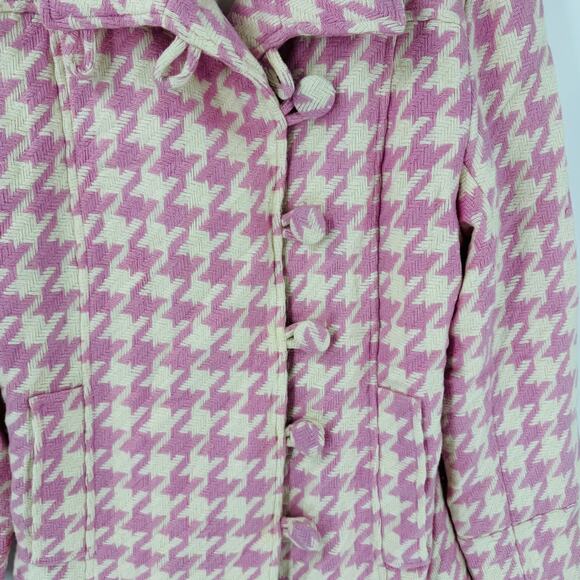 Coffee Shop Pink Cream Houndstooth Wool Blend Coat Off Center Buttons Size XL - Picture 4 of 7